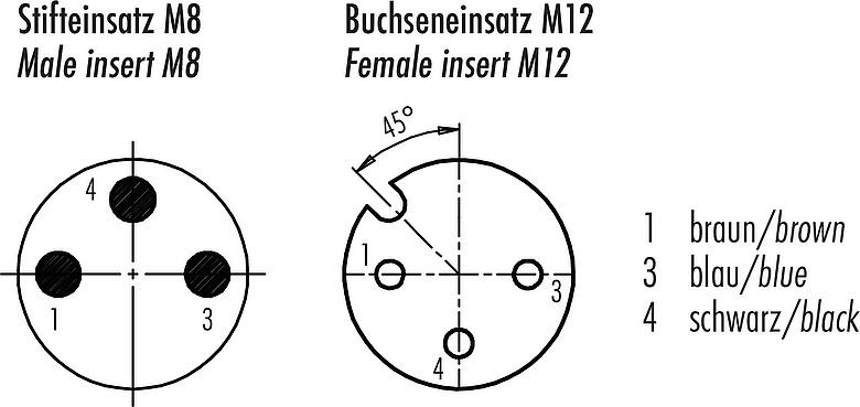 联系安排 (外掛程式側) M12/M8 针头电缆连接器 - 孔头弯角电缆连接器, 极数: 3, 非屏蔽, 预铸电缆, IP67/IP69K, PUR, 黑色, 3x0.25mm², 带LED的PNP, 2m