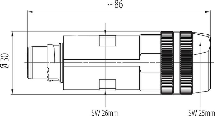 比例图 卡扣式 直头针头电缆连接器, 极数: 6 (3+PE+2), 7.0-14.0mm, 可接屏蔽, 螺钉接线, IP67对插且固定时-混合连接器, UL 2237