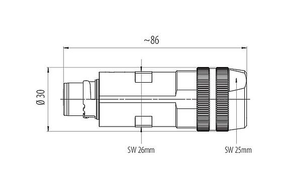Scale drawing Bayonet Male cable connector, Contacts: 6 (3+PE+2), 7.0-14.0 mm, shieldable, screw clamp, IP67 plugged and locked, UL 2237