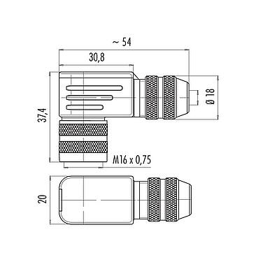 Scale drawing M16 Female angled connector, Contacts: 19 (19-a), 6.0-8.0 mm, shieldable, solder, IP67, UL 2238