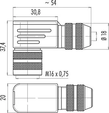 比例图 M16 弯角孔头电缆连接器, 极数: 12 (12-a), 6.0-8.0mm, 可接屏蔽, 焊接, IP67, UL 2238