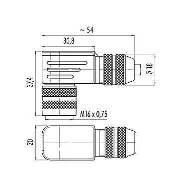 比例图 99 5626 75 07 - M16 弯角孔头电缆连接器, 极数: 7 (07-a), 6.0-8.0mm, 可接屏蔽, 焊接, IP67, UL