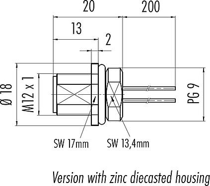 Scale drawing M12 Male panel mount connector, Contacts: 4, unshielded, single wires, IP68, UL 2238, PG 9, Front mounting
