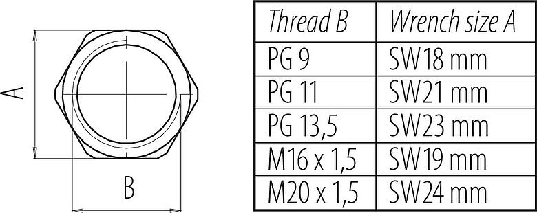Scale drawing 16 0402 001 - M12-A/B/D/K/K/L/S/T/US/X - Hexagon nut for mounting thread