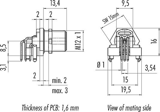 Scale drawing M12 Male angled panel mount connector, Contacts: 5, shieldable, THR, IP68, UL 2238, Rear mounting, for PCB assembly