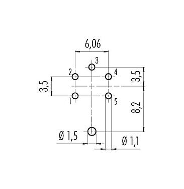 Conductor layout 09 0116 290 05 - M16 Female panel mount connector, Contacts: 5 (05-a), shieldable, THT, IP67, UL, front fastened