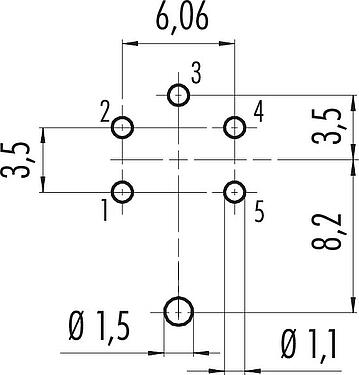 Conductor layout M16 Female panel mount connector, Contacts: 5 (05-a), shieldable, THT, IP67, UL 2238, M18x0,75, Rear mounting