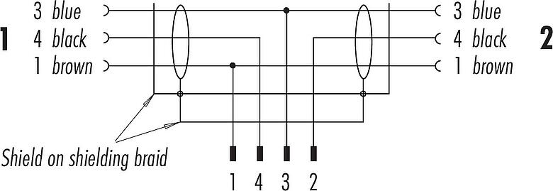 Pin assignment plans M12 Male cable splitter - 2 female cable connectors, Contacts: 4/3, shielded, moulded on the cable, IP68, PUR, black, 3 x 0.34 mm², 1 m