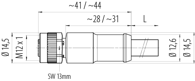 比例图 M12 Female cable connector, Contacts: 2, shielded, moulded on the cable, IP67, UL 2238, Profibus, PUR, violet, 2 x 0.25 mm², 10 m