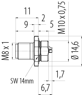 比例图 M8 针头法兰座, 极数: 4, 焊接, IP67/IP69K, M10x0.75, 板前安装, 带焊锡杯