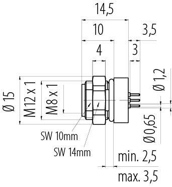 比例图 86 6518 1100 00004 - M8 孔头法兰座, 极数: 4, 非屏蔽, THT, IP67, UL, M12x1.0, 後壁安裝