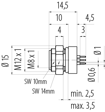 Scale drawing 86 6518 1100 00008 - M8 Female panel mount connector, Contacts: 8, unshielded, THT, IP67, UL, M12x1.0, rear mounting