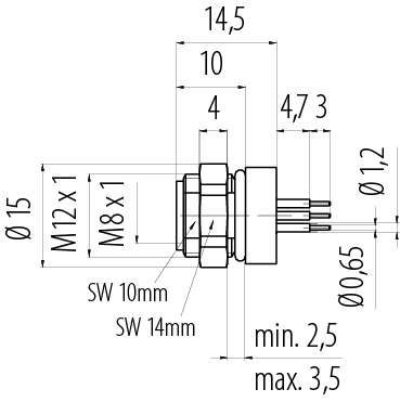 Scale drawing 86 6518 1122 00004 - M8 Female panel mount connector, Contacts: 4, unshielded, THT, IP67, M12x1.0, rear mounting