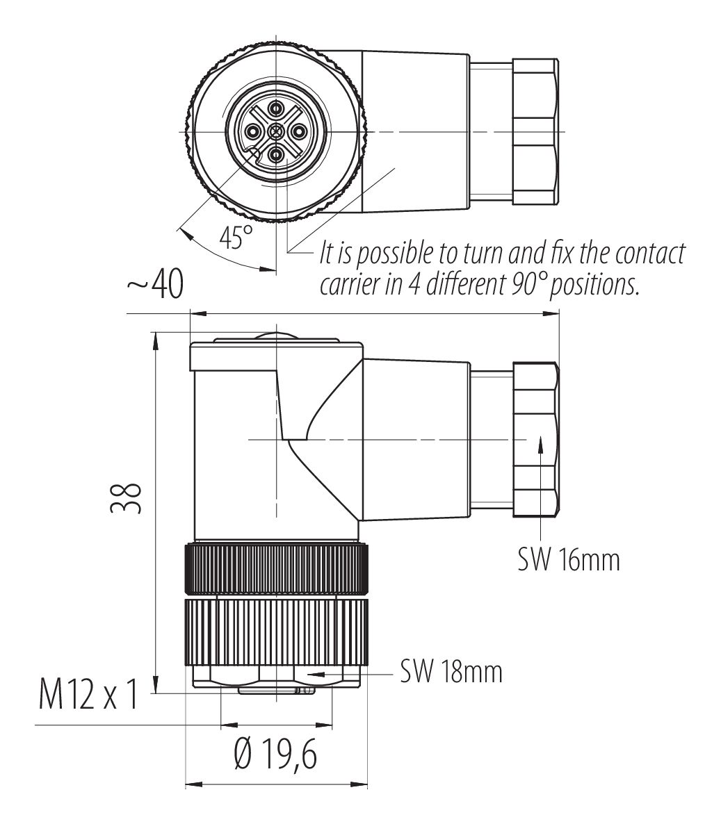 比例图 M12 弯角孔头电缆连接器, 极数: 4, 6.0-8.0mm, 非屏蔽, 螺钉接线, IP67, UL 2238, PG 9