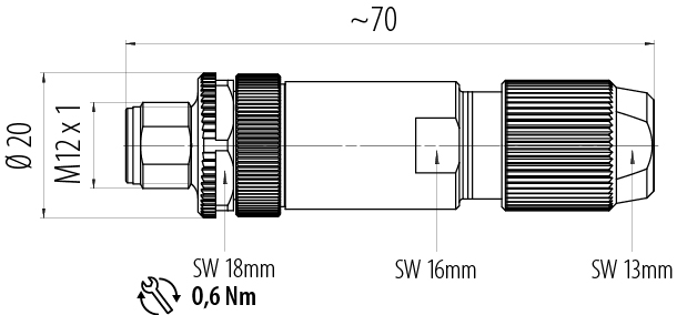 比例图 99 1433 810 04 - M12 直头针头电缆连接器, 极数: 4, 5.0-8.0mm, 可接屏蔽, 压接(压接触点必须单独订购), IP67, UL 2238