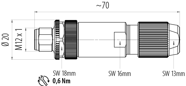 比例图 99 1433 814 04 - M12 直头针头电缆连接器, 极数: 4, 5.0-8.0mm, 可接屏蔽, 压接(压接触点必须单独订购), IP67, UL 2238