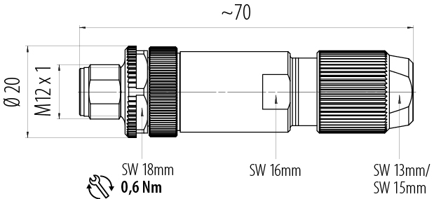 比例图 M12 直头针头电缆连接器, 极数: 4, 5.0-8.0mm, 可接屏蔽, 螺钉接线, IP67, UL 2238, 鸢尾花