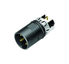 Illustration (may vary) M12 Male receptacle, Contacts: 4, shielded, THR, IP68 plugged and locked, Front mounting, angled, for centered PCB mounting