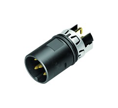 Illustration (may vary) M12 Male receptacle, Contacts: 5, shielded, THR, IP68 plugged and locked, Front mounting, angled, for centered PCB mounting