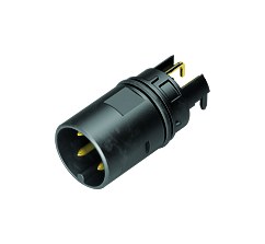 Illustration (may vary) M12 Male receptacle, Contacts: 4, unshielded, THR, IP68 plugged and locked, Front mounting, angled, for centered PCB mounting